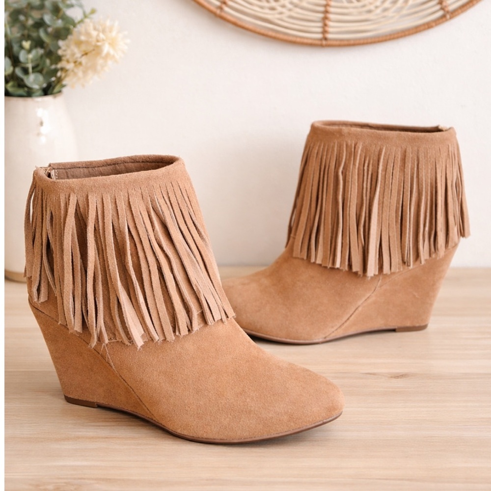 Chinese Laundry Fringe Suede Wedge Ankle Boots